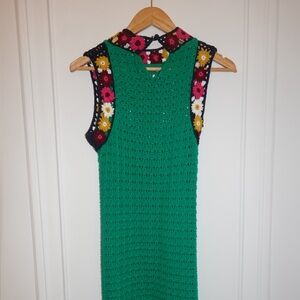 70s Inspired Crochet Sleeveless Dress with Floral Trim